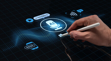 Hand holding stylus draws AI voice assistant icon on futuristic digital HUD interface with holographic soundwave on dark tech grid screen background.