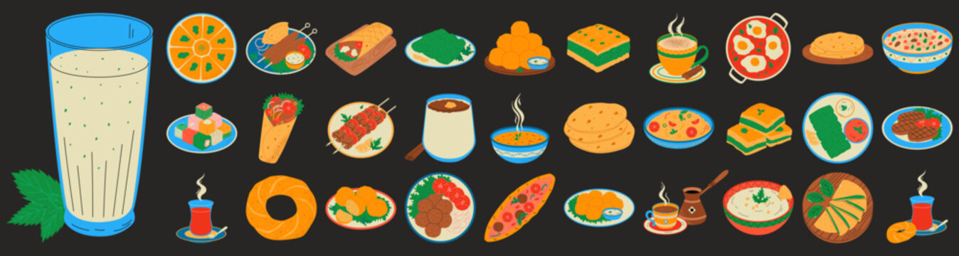 Turkish national food set. Baklava, doner kebab, rahat lukum, shawarma, kebab, ayran, boza, turkish tea, bagel simit and other