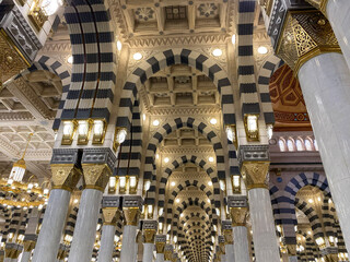 Beautiful interior of the Prophet's Mosque or Al Masjid an Nabawi in Medina.