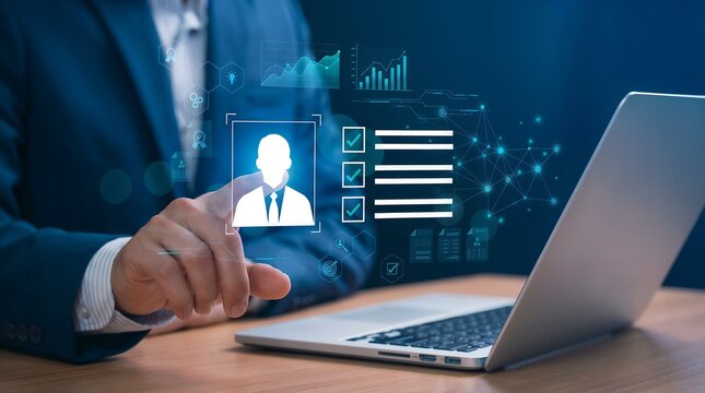 businessman pressing virtual button