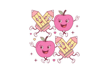 Cute Cartoon Apple and Pencil Friends Valentine Illustration Sublimation Design