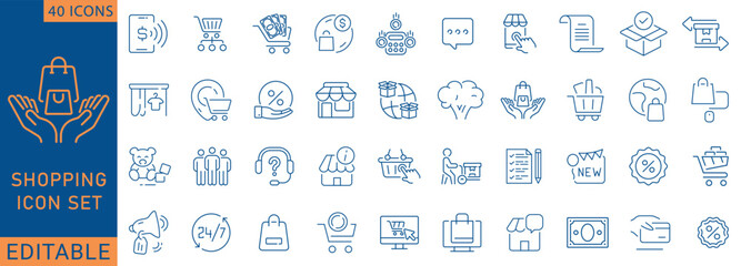 Shopping line editable icon set. shop, Containing cart, , offer, delivery, buy, e-commerce, , product, customer, online shopping and more. Vector illustration.