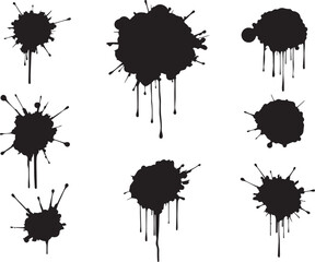 Brush set. Vector black paint brush spots, highlighter lines or felt-tip pen marker. Ink smudge abstract shape stains and smear set with texture