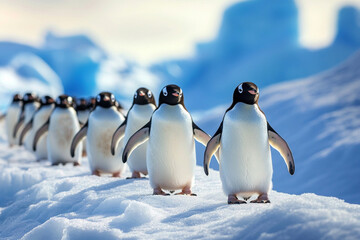 colony of penguins waddling across an Antarctic ice sheet, watching as it begins to break apart