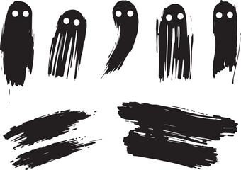 Brush set. Vector black paint brush spots, highlighter lines or felt-tip pen marker. Ink smudge abstract shape stains and smear set with texture