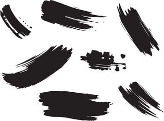Brush set. Vector black paint brush spots, highlighter lines or felt-tip pen marker. Ink smudge abstract shape stains and smear set with texture