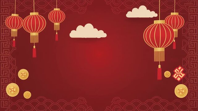 Animated Traditional Red Background with Hanging Lanterns, Clouds, Patterns, and Golden Coins