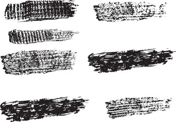 Brush set. Vector black paint brush spots, highlighter lines or felt-tip pen marker. Ink smudge abstract shape stains and smear set with texture