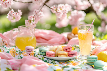 colorful picnic spread under cherry blossoms, with macarons and sparkling lemonade