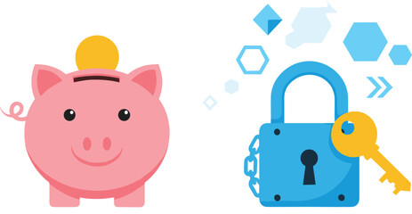 Vector illustration of a piggy bank with coin and a secure padlock with key symbolizing savings, financial security, and money protection.