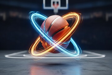Dynamic basketball orbited by fiery and electric energy rings on court