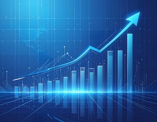 Graphic with bars and upward arrow. Reflective grid background