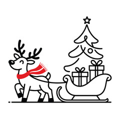 A charming reindeer pulling a sleigh filled with gifts near a tree