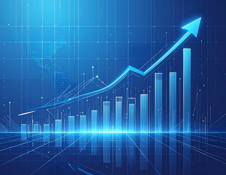 Graphic with bars and upward arrow. Reflective grid background - Powered by Adobe