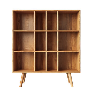 Modern wooden cubby bookshelf with tapered legs  on  a isolated on transparent background