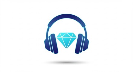 白い背景で輝くダイヤモンドが中央に収まる青いヘッドホン 洗練された最高の音楽体験を象徴する鮮やかなアイコン. AI Generated