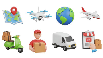 3d icons set for e-commerce, logistics, and global delivery solutions