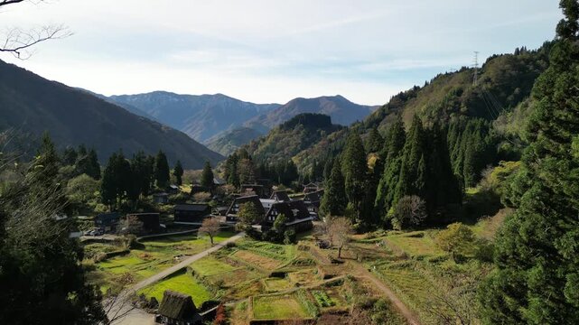 Drone view of Ainokura village in Toyama Japan revealing gassho style rooftops among green fields and vivid autumn slopes, creating a broad panoramic scene across the surrounding mountains