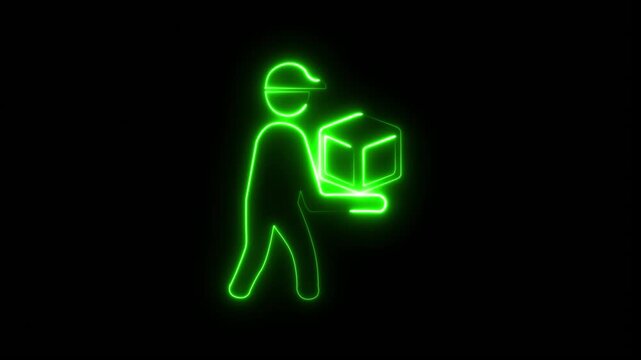 Glowing neon delivery person icon male modern motion neon outline package parcel delivery man.. 