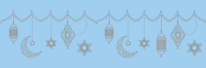 Ramadan kareem border vector design in Islamic art style with decorative lanterns, crescent moon, stars, and Arabic elements, suitable for Eid celebration posters, invitations, and digital greetings. © CREATIVE MUNNA