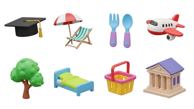 A collection of stylized 3d icons representing everyday objects and activities