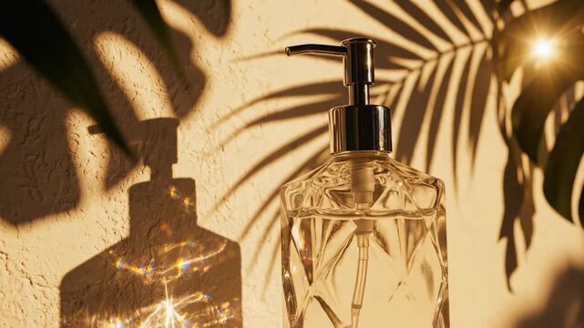 A gold liquid perfume bottle and wine glass container reflecting light near a black Christmas decoration object isolated on a beauty spray water background