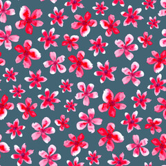 Hand drawn, watercolor red flowers, blue background. Seamless floral pattern-1000.