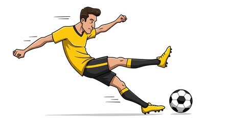 Dynamic illustration of a male athlete in motion, kicking a soccer ball with full force during a game