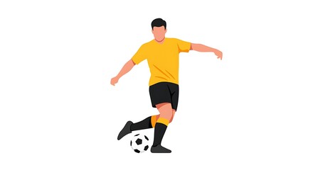Football player in action, kicking a soccer ball, yellow jersey, isolated on white background