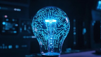 Abstract glowing lightbulb with futuristic circuit patterns symbolizing innovation, bright ideas, and advanced technology in a dark setting