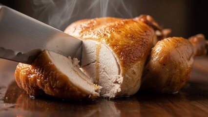 Juicy Roasted Chicken Being Carved on Wooden Board with Steam Rising.