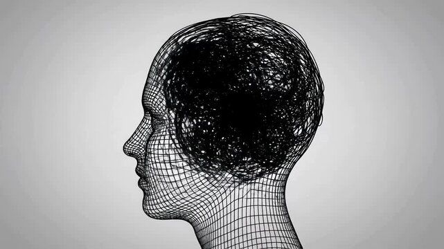 Wireframe human head profile with chaotic scribbles inside representing complex thought processes and mental confusion against a light background
