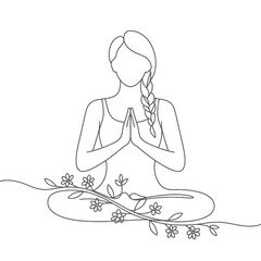 A minimalist line drawing of a woman practicing yoga with floral elements