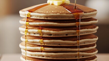 Stack of golden pancakes with melting butter and flowing maple syrup.