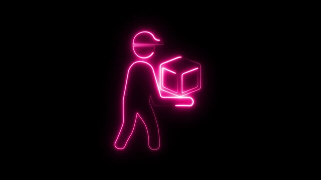 Glowing neon delivery person icon male modern motion neon outline package parcel delivery man.. 