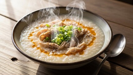Steaming Bowl of Savory Chicken Congee with Garnish.