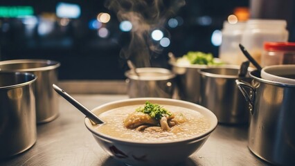 Steaming bowl of traditional Asian congee with chicken and herbs, served at a night market stall.