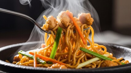 Steaming Hot Chicken Noodles with Vegetables on a Fork.
