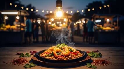 Steaming Seafood Noodles at a Vibrant Night Market Under String Lights.