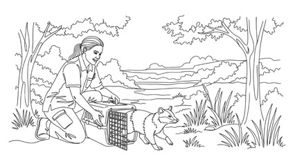 Fototapeta premium High-Quality Black Continuous Line Art of Wildlife Biologist Releasing Rehabilitated Animal into Natural Habitat