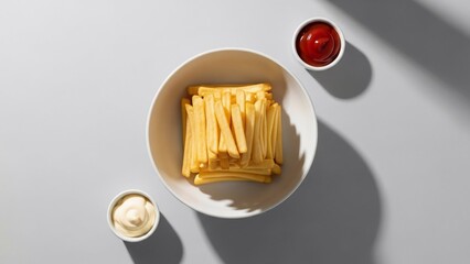 Top view of a bowl of french fries with ketchup and mayonnaise.