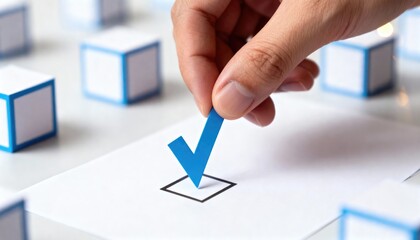 Man hand placing a blue checkmark in a checkbox. Concept of survey, checklist completion, voting, business decision, task done.