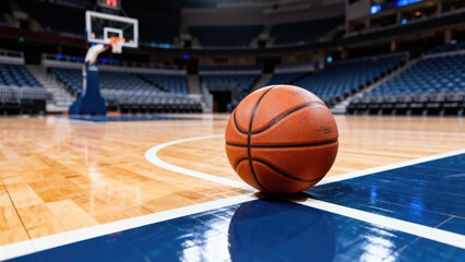 Orange basketball on court with blue boundary lines. Sports arena background. Game, competition, tournament concept.