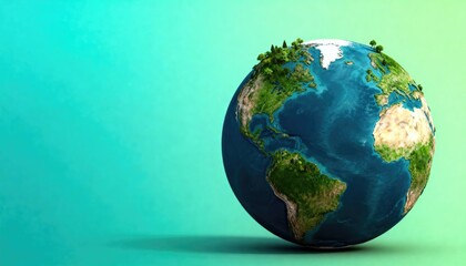 Planet earth globe with green trees and continents. Environmental protection and sustainable ecosystem concept. Earth Day celebration.