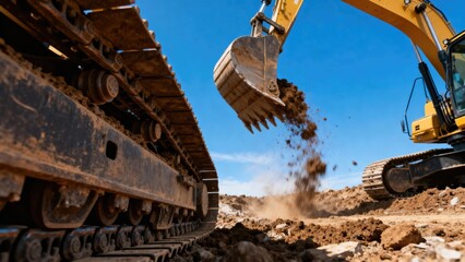 Close up of excavator bucket digging and dumping dirt at construction site under clear blue sky. Earthmoving machine doing groundwork for new development.