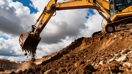 Heavy excavator digging soil on construction site. Earthmoving equipment moving ground. Industrial machinery for building work.