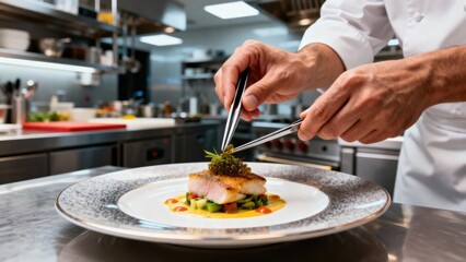 Male chef decorating a gourmet meal with tweezers, adding green garnish to fish and caviar. Fine dining cooking art for restaurant menu.