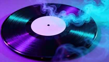 Vinyl record with colorful neon smoke. Retro disco music concept. Electronic dance party background for dj announcement.