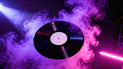 Black vintage vinyl record floating amidst colorful smoke. Retro music listening in an energetic club light or party concept.