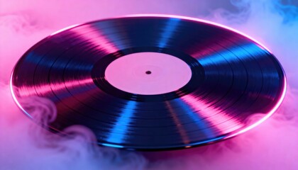 Black vinyl record with pink and blue neon lights and smoke. Retro music concept. Vintage audio technology.